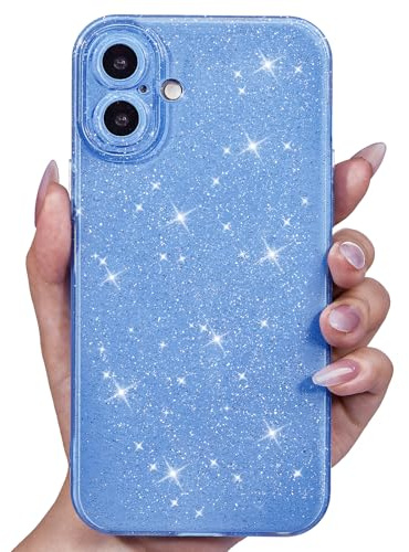 Svanove for iPhone 16 Case Glitter, Sparkly Girly Cute Bling Sparkle Shiny Shimmer Bright Phone Case for Women Girls, Glittery Thin Slim Jelly Soft Silicone Rubber Gel Plastic Cover, Light Blue