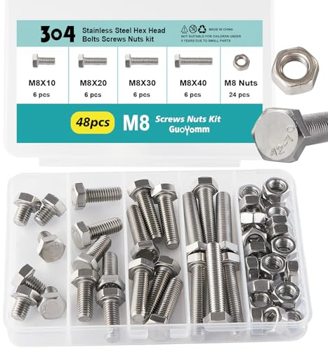 GuoYomm M8 x 10mm 20mm 30mm 40mm Hex Head Bolts and Nuts, M8 x 1.25 Bolts, Hexagon Head Screws, Stainless Steel 304, Bright Finish, Fully Thread, Assortment Kit 48PCS