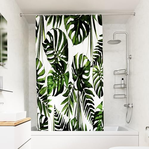 Croydex Shower Curtain with Green Botanical Leaves Design, 1800W x 1800H | Cling Resistant Weighted Hem | Machine Washable | Coated with Proseal for Water Repellence | 100% Polyester