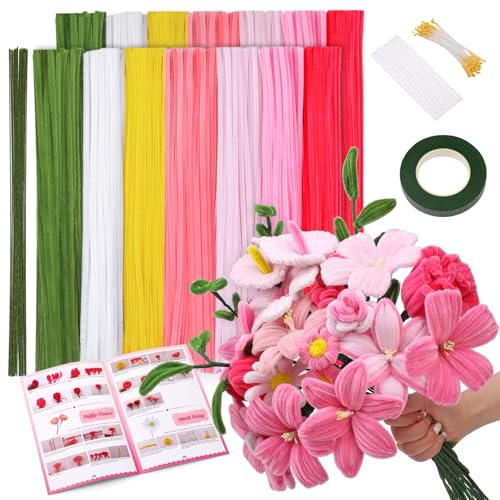 Benlay 550 Pfeifenreiniger zum Basteln, 7 Farbige Pipe Cleaner | Pipe Cleaner Flower Set mit Anleitung, Pfeifenreiniger-Blumen zum Basteln, Dekorieren und für Feste