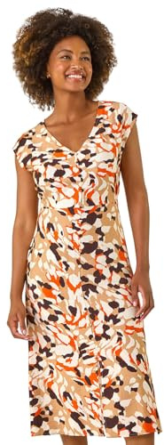 Roman Originals Swing Tea Dress Women UK Ladies Skater Midi A Line Fit & Flare Summer Casual Smart Cocktail Party Going Out Work Cruise Button Through Long Pocket - Orange Multi - Size 18