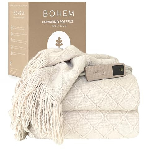 Groenland BOHEM - Coperta elettrica riscaldata, 180 x 130 cm, 9 livelli di calore e timer per spegnimento automatico, morbida coperta elettrica lavabile per divano e letto