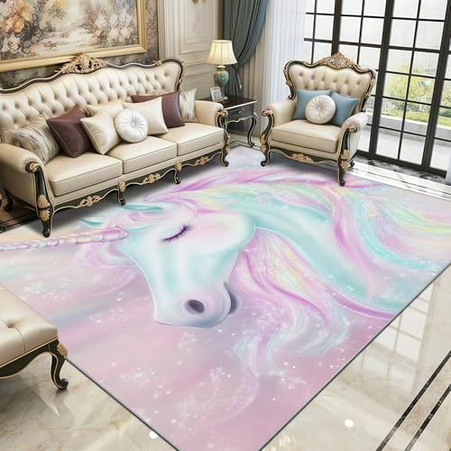 TerroVee Einhorn Teppich Waschbar, Rosa Unicorn Teppich 80x150 cm, Kinderzimmer Mädchen rutschfest Waschbar Pflegeleicht Teppiche Für Schlafzimmer Küche, Rosa
