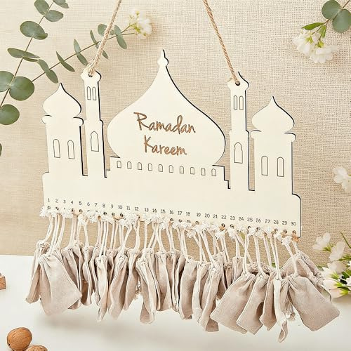 SKIKHN Ramadan Kalender 2026, Ramadankalender zum Befüllen mit 30 Stofftüte, Ramadan Kalender Zum Befüllen Stoff, Ramazan Deko Hängend, RamadanKalender Kinder, Muslimischen Deko für Wand Tür Fenster