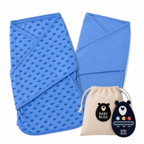 BabyBliss BlissSnug Baby Pucksack 2er-Set – Bio-Baumwolle – Pucktuch mit Reißverschluss für Neugeborene 0–3 Monate (Blue Cars & Blue)