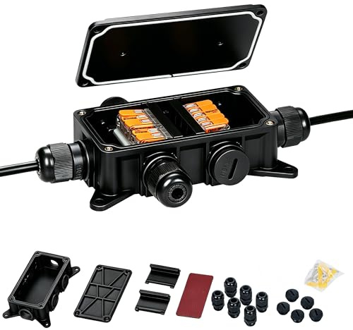IP65 Waterproof Junction Box for WAGO 221 Lever Nuts, Outdoor Electrical Enclosure with Cable Glands, Universal Wire Connection Box for Garden, Lighting, Automotive(Connectors Excluded) (Black)