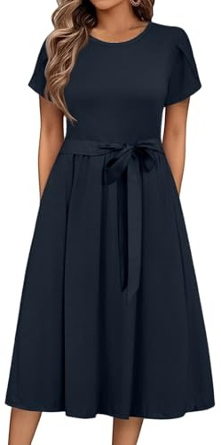 Midikleid Damen Sommer Elegant Sommerkleid Damen Midi A Linie Kleider Kurzarm Strandkleid Knielang Midikleider Mit Gürtel Sommerkleider Frauen Leicht Und Luftig Damenkleider Tailliert Kleid
