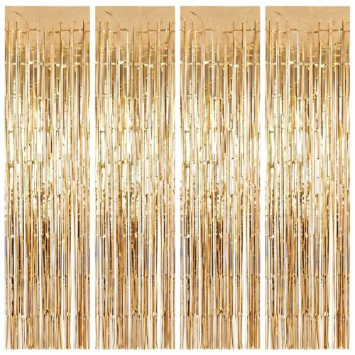 Feibmir Lametta Vorhang Champagnergold Party Deko Geburtstag 4 Stück 1mx2m | Party Vorhänge Luftschlangen, Fotowand Hintergrund – Gold Glänzend. Glitzer Vorhang für Hochzeit, Festival & Party Deko