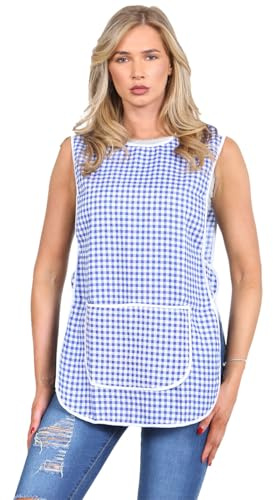 Ladies Womens Tabard Home Work Kitchen Cleaning Chef Catering Cleaners Workwear Overall Piping Edge Tabbard Apron With Large Pocket Side Button Fastening Plus Big Size (Check Royal Blue, XOS)