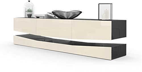 Vladon Lowboard City, Made in Germany, TV-Kommode mit Sockelelement, 1 offenem Fach und 3 Schubkästen, Schwarz Hochglanz/Creme Hochglanz (178 x variabel x 39 cm)