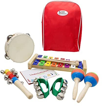 Musikset für Kinder aus Holz im Rucksack: Trommel, Xylophon, Triangel, Rassel, Pfeifen für Mädchen und Jungen - 3878
