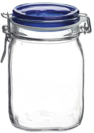 Bormioli Rocco Fido Square Jaw with Blue Lid, 33-3/4-Ounce, 33.75 Ounce, Clear