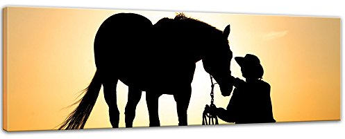 Bilderdepot24 Bild auf Leinwand | Pferd mit Cowboy I in 90x30 cm als Panorama Wandbild | Wand-deko Dekoration Wohnung modern Bilder | 202517