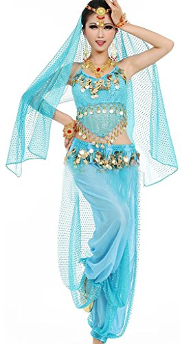 Astage Damen Bauchtanz Kostüme Set Indischer Tanz Darbietungen Kleidung, Himmelblau, Fits DE 32-40