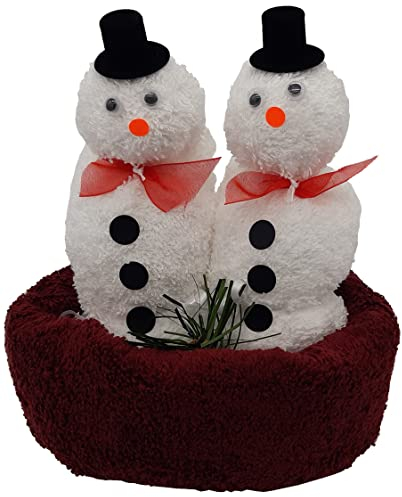 Frotteebox Geschenk Set Schneemann Paar weiß/rot in Handarbeit geformt aus 1x Handtuch rot und 2X Waschhandschuh weiß