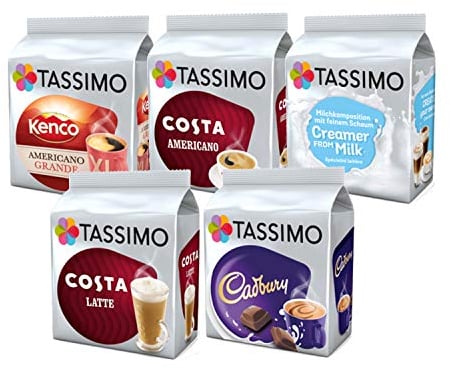 Tassimo Coffee Selection - Kenco Americano/Costa Americano/Costa Latte/Cadbury's Hot Chocolate/Milk Creamer - 5 Packs (48 Servings)