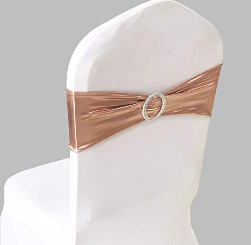 SINSSOWL Bandeau de Chaise élastique à Enfiler avec Boucle, pour Mariage, nœud de Chaise en Lycra, Or Rose., 50PC
