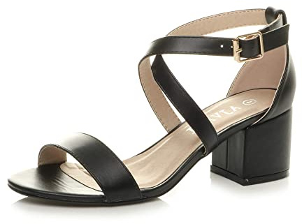 Ajvani Womens Ladies mid Low Block Heel Cross Straps Party Strappy Sandals, Black Matte, 6 UK