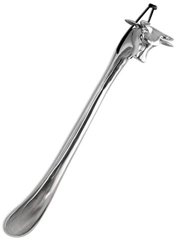 H.Bauer jun. langer stabiler Aluminium Schuhlöffel zum aufhängen - Edler Metall Deko Schuhanzieher 54 cm mit Kuh Kopf Motiv Griff - für Stiefel und hohe Schuhe
