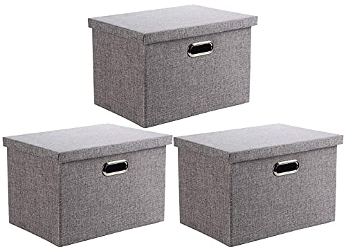 Wintao Storage Boxes with Lids, Storage Baskets for Shelves Toy Box Collapsible Fabric Bins Home & Office Grey Medium Large 39 x 27 x 25 cm 3 Pack