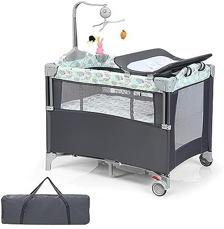 GOPLUS 5 in 1 Baby Beistellbett, Reisebett mit Wickelablage, Laufstall, Spieluhr, Spielzeug & Aufbewahrungskörben, Babybett klappbar mit Tragetasche für Baby bis 3 Jahren (Grau)