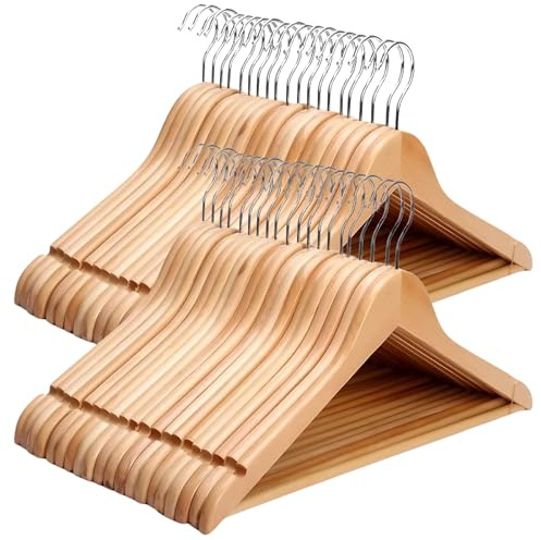 KARAN KING Coat Hangers Set - 40 Pack Wooden Hangers with Round Trouser Bar and Shoulder Notches - Strong for Suits, Trousers, Shirts & More