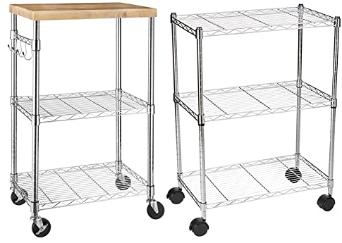Amazon Basics - Küchenrollwagen, Holz/Chrom & Regal mit Rollen und 3 Regalböden - Chrom