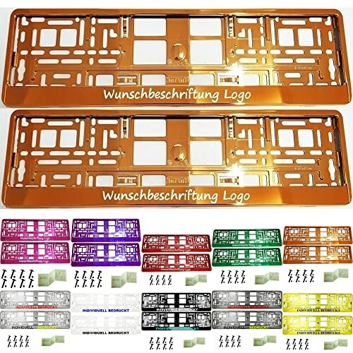 2 Stück Kennzeichenhalter mit Wunschtext Beschriftung Werbung Bedruckt. KOSTELOSE Lieferung (Orange Chrom)