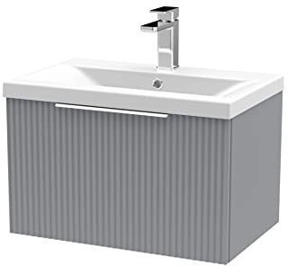 Hudson Reed DFF294A Fluted Modern Bathroom Wall Hung 1 Drawer Vanity Basin Unit with Mid-Edge Ceramic Basin, 600mm, Satin Grey