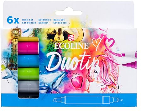 Ecoline Duotip flüssige Aquarellstifte 6er-Set – Grundfarben | Stifte mit feiner Kugelspitze und breiter Keilspitze