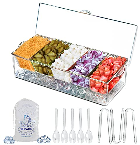 LIMOEASY Condimenti refrigerati, vassoio trasparente con coperchio per bar per feste con 5 scomparti rimovibili, ciotola per servire ghiaccio, contenitori per frutta, contenitori, snack, salsa