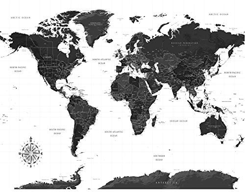 decomonkey Premium Fototapete Weltkarte 100x70 cm Design Tapete Fototapeten Vlies Tapeten Vliestapete Wandtapete moderne Wand Landkarte Kontinent schwarz weiß