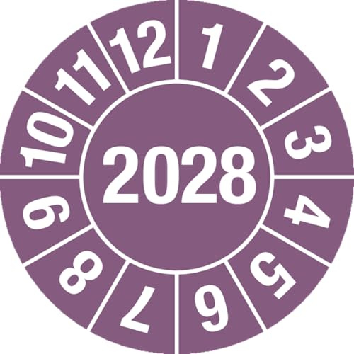 Prüfplakette - Jahresplakette Jahr: 2028, Dokumentenfolie, gelb, Ø 15 mm, 60 Stück je Bogen | Jahreszahl 4-stellig, Dokumentenfolie, Ø 15 mm, 2028, violett