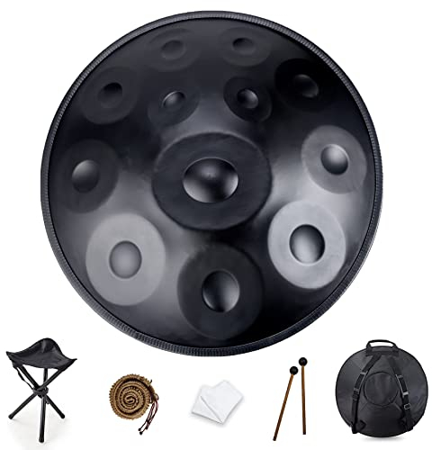 NAHAIA Handpan Drum Instrument, D-Moll 9 10 12 Noten 22 Zoll Stahl Handtrommel (432hz-12 Noten-Schwarz)