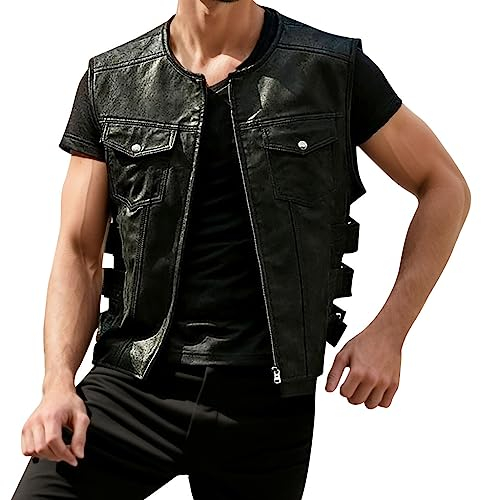 Duohropke Men's Leather Motorcycle Vest Chopper Vest Cowl Leather Biker Rocker Motorcycle Club Vest Lacing, black, S
