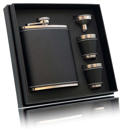 RUIXUE® Flachmann für Spirituosen und Whisky 7 oz / 200 ml,Schwarz Flachmann Edelstahl,flachmann leder mit 2 Bechern und 1 Trichter,hip flask Whiskyflasche,für Wandern und Camping usw.