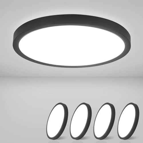 ZMH Deckenlampe LED Deckenleuchte Flach - 4ER Badezimmerlampe Schwarz Ø23cm Badezimmer Deckenbeleuchtung 18W Schlafzimmerlampe IP44 Wasserdicht Badlampe Rund Küchenlampe Kaltweiß für Bad Schlafzimmer