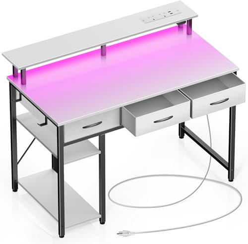 Rolanstar Scrivania con Cassetti Led, Postazione Gaming con 2 Prese di Corrente e 2 Porte di Ricarica USB, Scrivania Gaming con Supporto per Monitor & Ripiani Regolabili per Ufficio(Bianca, 100cm)