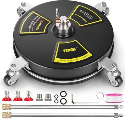 TIROL 15 Pressure Washer Surface Cleaner 4000 PSI,4 Wheels Stainless Steel Power Washer Attachment for Driveway Cleaning,1/4 Quick Plug,2 Extension Wands,2 Replacement Nozzles and 3 Spray Nozzles