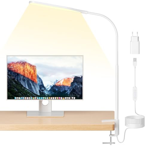 anyts Lampada da scrivania a LED, con chiusura a morsetto, 3 colori, 10 luminosità, lampada da lettura (bianco)