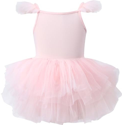 AIEOE Tanzkleider für Mädchen Ballettkleid Ballett Trikot Schrittgurt Mit Knopf Kurzer Volant Ärmel Ballett Tanz Gymnastik Kinder 6-8 Jahre Rosa B02