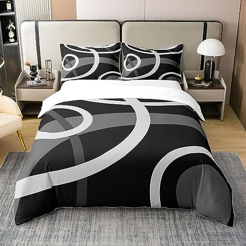 Homemissing Lignes Blanches Housse de Couette 220x240cm 100% Coton Enfants Géométriques Lignes Rondes Literie Set Art Abstrait Parure de lit de Chambre Noir Gris Ensemble de lit