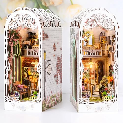 JONRRYIN DIY Book Nook Kit Gartenhaus, Sunshine Town Book Nook, DIY Miniatur Haus Kit mit Licht, 3D Puzzle Buchstützen aus Holz für Erwachsene Teens 14+ Jahre Kreatives Geschenk(Blumenhaus)