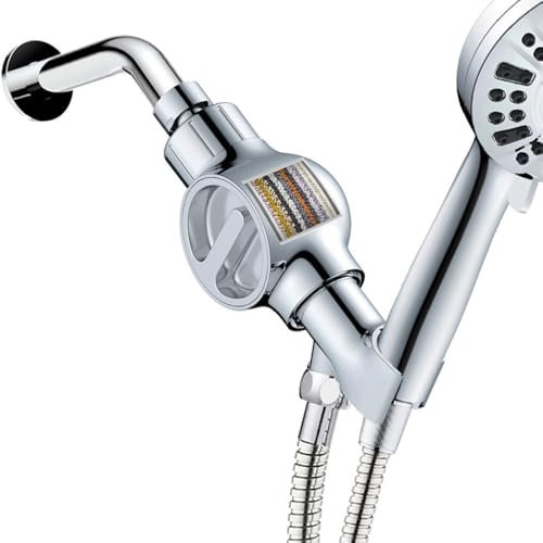 JINYOMFLY Soporte de Ducha con Filtro, Elimina Cloro, Metales Pesados e Impurezas, Soporte Alcachofa Ducha Ajustable, Soporte de Ducha de Mano Universal, Cromado
