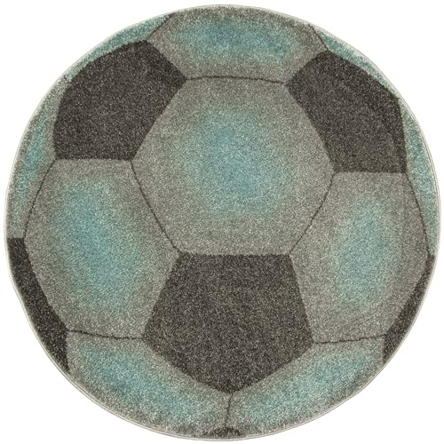 AKCILA Lima Runder Kinderteppich mit Fußball Muster 140cm | Teppich für Kinderzimmer und Jugendzimmer Grau Türkis, Kinderteppich sportliches Design in verschiedenen Farben und Größen