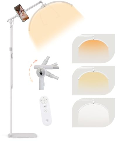 SMOCTAR Lampe Extension de cils Pliable, 70cm Lampe Demi Lune Lampadaire led Avec Support pour Téléphone - Luminosité et Hauteur Réglable - pour esthetique, onglerie, tatouage, beauté (Blanc)