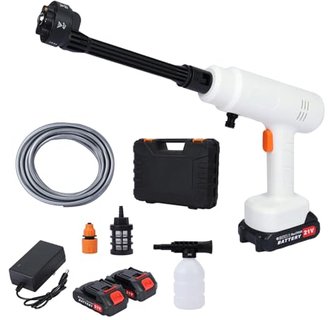 Cordless Pressure Washer, Portable Jet Wash with Bucket Water Pipe & 6 Nozzles & 1 Charger & 2 Batteries, 580PSI Power Washer for Patio and Car (White)