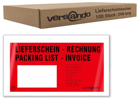 versando 100 Lieferscheintaschen DIN lang selbstklebend Dokumententaschen Begleitpapiertaschen rot/schwarz bedruckt: Lieferschein/Rechnung