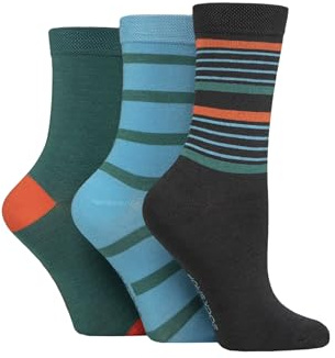 SockShop Ladies’ Plain Patterned Striped Bamboo Socks Soft Breathable Socks Assorted Colours 4-8 Pack of 3 Striped Storm