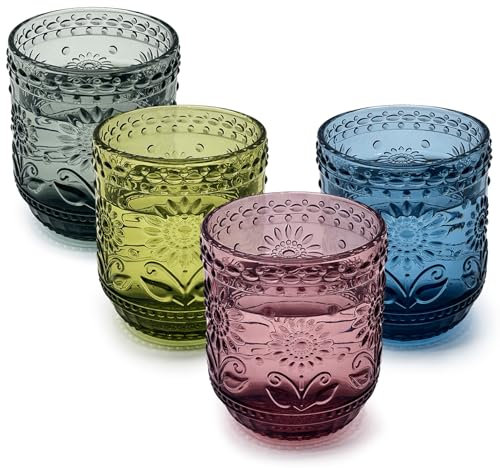 UPZAI Lot de 4 Verre a Eau 360 ml: Verre à Whisky Coloré - Verrerie Vintage Verres Cocktail Gobelets - Lave-Vaisselle (Flower set)